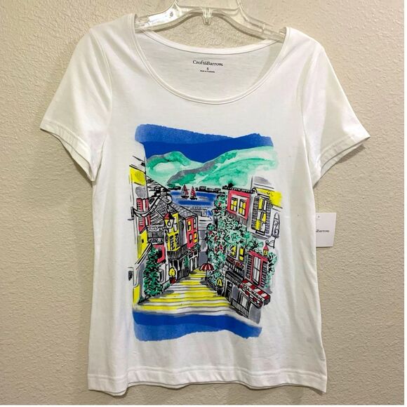 CROFT & BARROW GRAPHIC T-SHIRT WOMEN SMALL COLORFUL NEIGHBORHOOD SCENE. - Picture 1 of 10